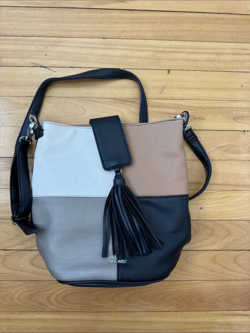 Nine West Black, Cream & Taupe Colorblock Tassel Bucket Shoulder Bag